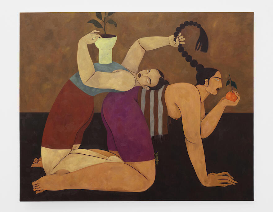2 female figures, bending, 1 pulling the other's hair