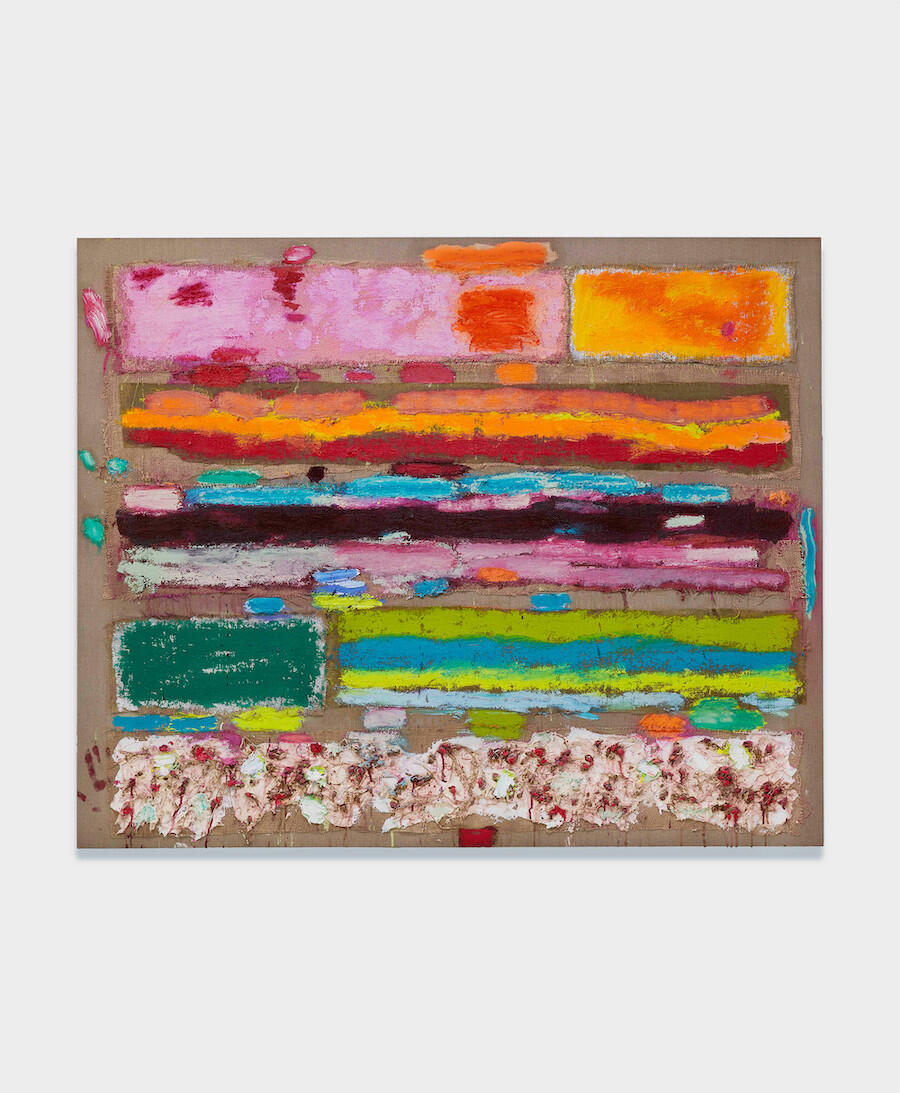 Joan Snyder Burlap Bars, 2022 Oil, acrylic, rosebuds, twigs, burlap on linen 54" x 66" (137.16 cm x 167.64 cm) $120,000