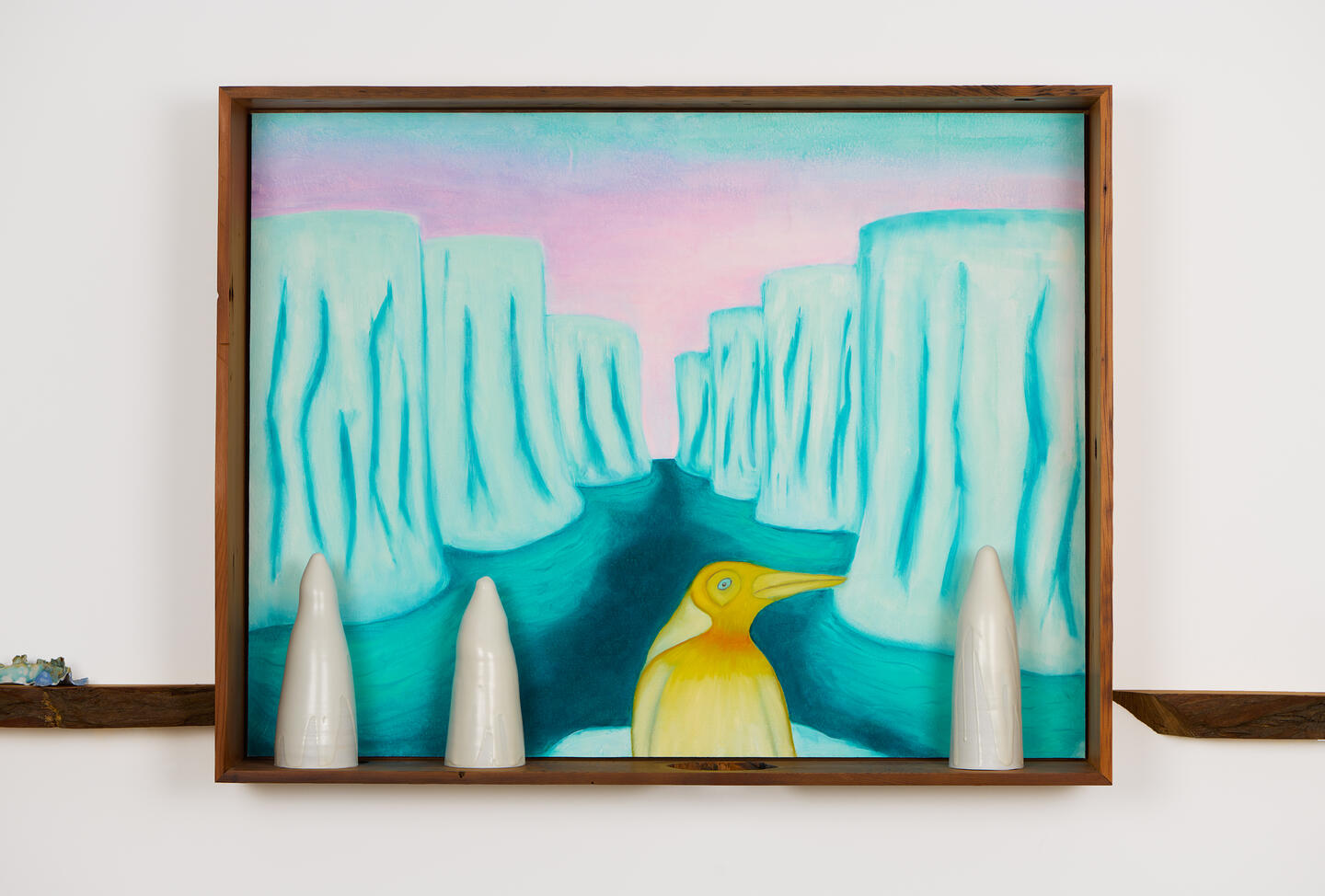 Painting of a penguin with white sculptures