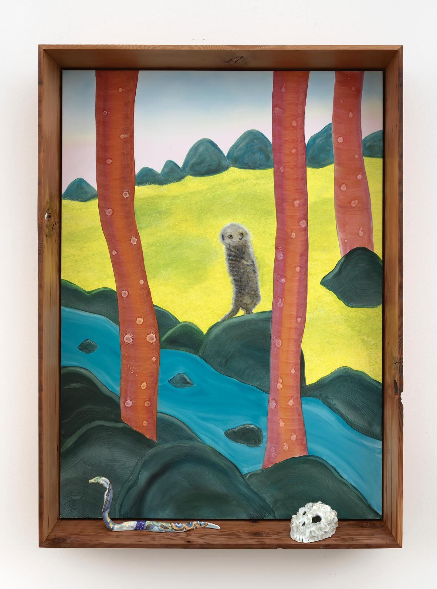 Painting of a mongoose with a porcelain snake and skull