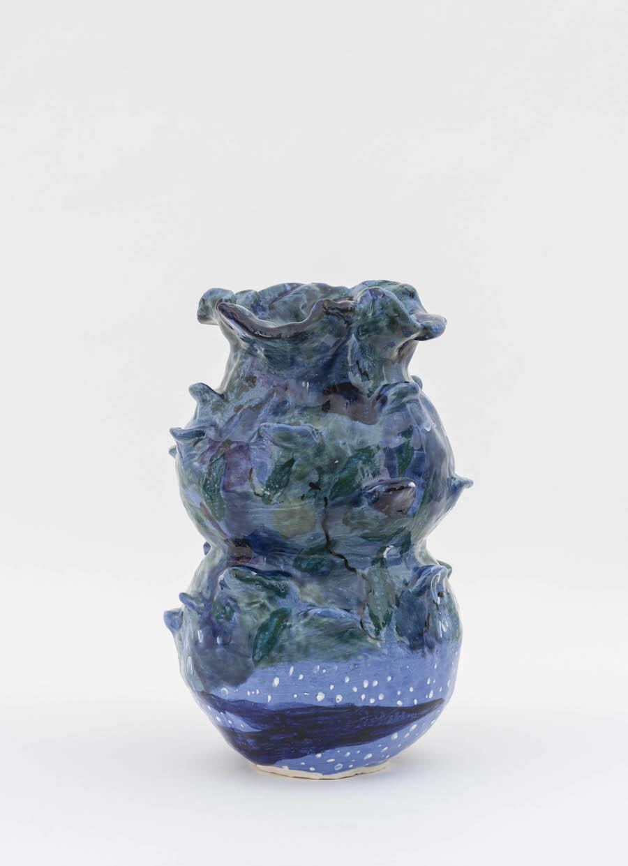 Michaela Yearwood-Dan, Fractured moonlight on the tips of a fern, 2021, Glaze on grogged earthenware clay, 21 x 16 x 16 cm, 8 1/4 x 6 1/4 x 6 1/4 in, courtesy the Artist and Tiwani Contemporary 