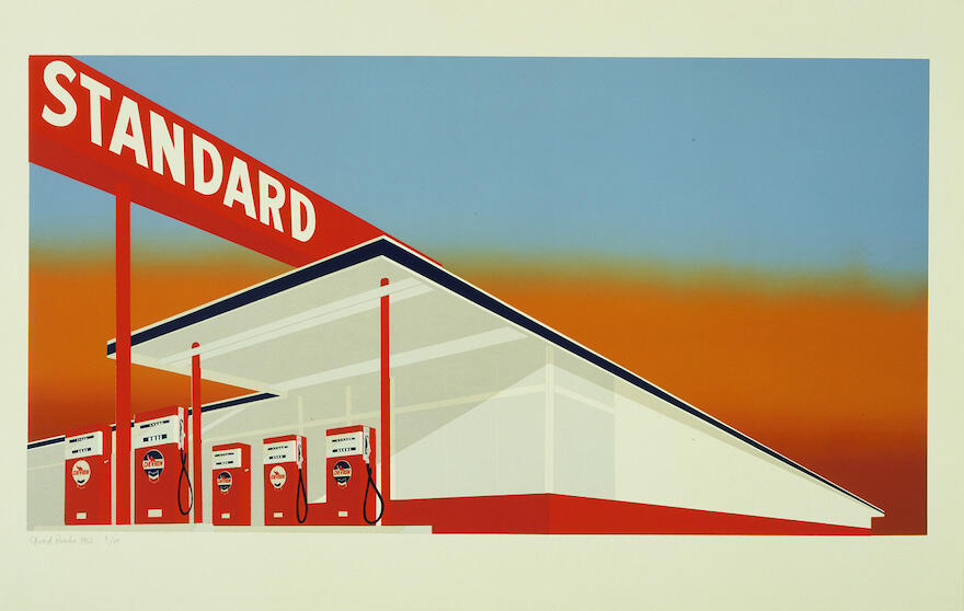 Ed Ruscha, Standard Station, 1966, Color screenprint on commercial buff paper, 25 5/8 x 40 inches. Image courtesy of Berggruen Gallery