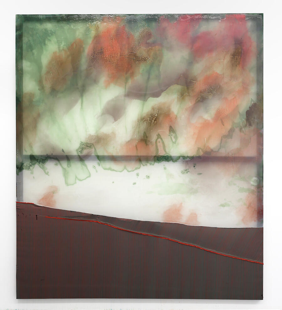 Chris Watts, Undercurrent, 2020, Acrylic, polyester, silk, pigment, resin, found wood, 74 x 64 inches, 188 x 162.6 cms, Copyright: Copyright The Artist, Courtesy of Welancora Gallery.